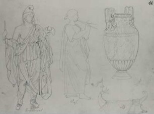 Antikenstudien im Museo Nazionale, Neapel. Skizzenbuch F : Rietschel, Ernst: Antikenstudien im Museo Nazionale, Neapel: Relief der "Provincia asiatica", Volutenkrater aus Stabiae, Frau mit Doppelflöte aus dem Fries des Volutenkraters aus Stabiae, Trireme. Skizzenbuch F, folio 11. Bleistift auf Velin (cremeweiß); 16,7 x 22,5 cm (Blattgröße). WVZ 1995, Seite 315