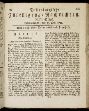XLIV. Stück. Sonnabends: den 31. Oct. 1795.