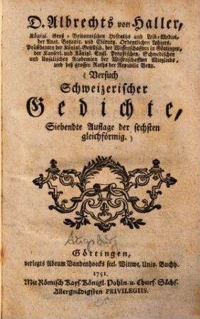Albrechts von Haller Versuch schweizerischer Gedichte