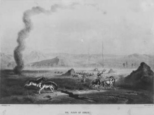 Zeichnung : Zeichnung einer Berglandschaft. Im Vordergrund laufen Antilopen und Zebras