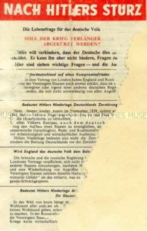 Abwurf-Flugblatt der Alliierten zur britischen Politik gegenüber Deutschland nach dem Sturz Hitlers