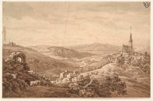 Blick über die Burgruine auf die Stadt Dohna über dem Müglitztal, im Hintergrund links das Rittergut Gamig