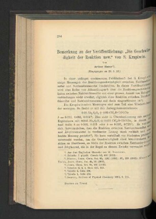 Bemerkung zu der Veröffentlichung: "Die Geschwindigkeit der Reaktion usw." von Krapiwin