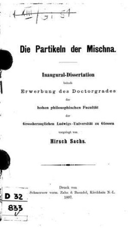 Die Partikeln der Mischna / von Hirsch Sachs