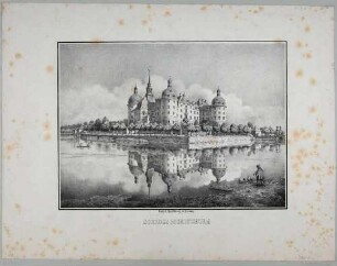 Das Jagdschloss in Moritzburg bei Dresden von Südwesten mit Spiegelung im Schlossteich