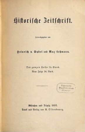 Historische Zeitschrift : HZ. 70. 1893