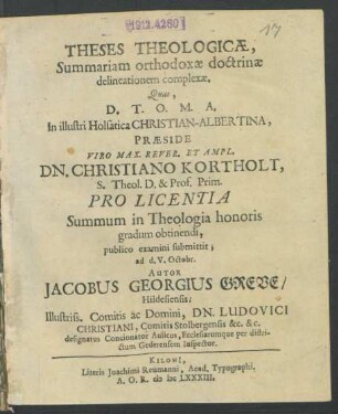Theses Theologicae, Summariam orthodoxae doctrinae delineationem complexae