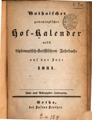Gothaischer genealogischer Hofkalender nebst diplomatisch-statistischem Jahrbuch, 88. 1851
