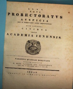 Novi prorectoratus auspicia ... rite capienda civibus indicit Academia Ienensis. 1833