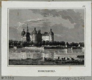 Das Schloss Moritzburg bei Dresden von Südwesten über den Teich gesehen, in Titel: aus Schiffners Beschreibung von Sachsen um 1840