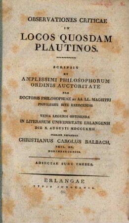 Observationes criticae in locos quosdam Plautinos