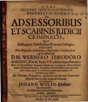 Collegii Criminalis Publici, Dissertatio Nona De Adsessoribus Et Scabinis Judicii Criminalis