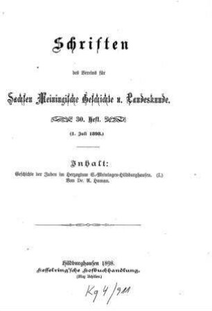 In: Geschichte der Juden im Herzogtum S.-Meiningen-Hildburghausen ; Band 1