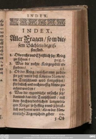 Index, Aller Fragen/ so in diesem Büchlein begriffen sind.