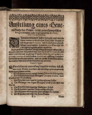 Anstellung eines GeneralRaths der Ständt/ so sich zu der Evangelischen Religion bekennen [...] verfast/ den 18. Martij Anno 1604 zu Heydelberg