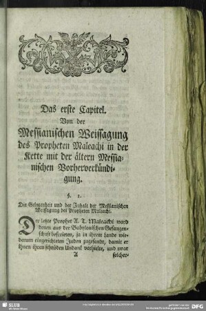 Das erste Capitel. Von der Messianischen Weissagung des Propheten Maleachi in der Kette mit der ältern Messianischen Vorherverkündigung