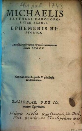 Michaelis Bevtheri Carolopolitae Franci, Ephemeris Historica