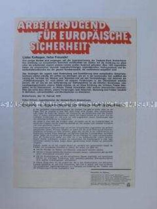 Sonderdruck mit dem Wortlaut einer Erklärung der Jugendvertretung der Werft Bremerhaven zur Sicherheit in Europa und einer Auflistung der Unterzeichner