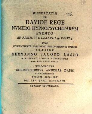 Diss. de Davide rege, numero hypnopsychitarum exemto : ad Ps. VI, 6 ...