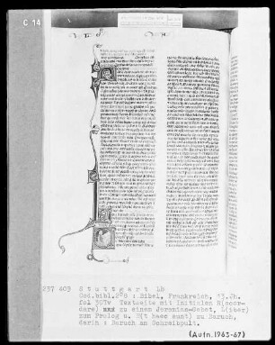 Bibel — Initiale E (t haec sunt), darin der Prophet am Schreibpult, Folio 307verso