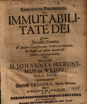 Exercitatio Philosophica De Immutabilitate Dei