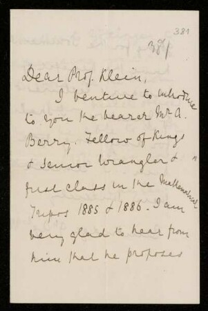 Nr. 17: Brief von Arthur Cayley an Felix Klein, Cambridge, 9.4.1887