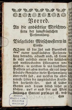Vorred. An die andächtige Mitschwestern der jungfräulichen Versammlung.