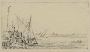 Segelschiff vor dem Wind, rechts weitere, links Landstreifen mit Kirche