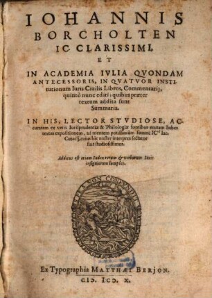 Commentarii in quatuor Institutionum Juris Civilis Libros