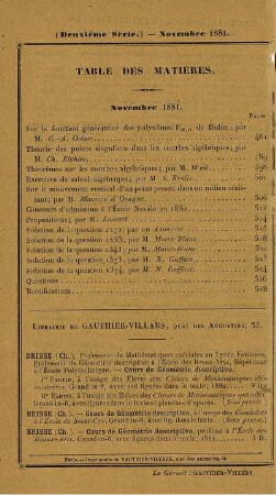 Table des matières. Novembre 1881.