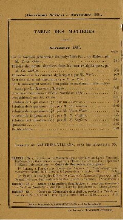 Table des matières. Novembre 1881.