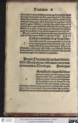 Incipit tractatus secundus huius libri de declaratione difficilium dictorum et dictionum in theologia.