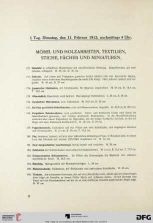 I. Tag, nachmittags 4 Uhr. Möbel und Holzarbeiten, Textilien, Stiche, Fächer und Miniaturen (Nr. 172-335)