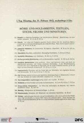 I. Tag, nachmittags 4 Uhr. Möbel und Holzarbeiten, Textilien, Stiche, Fächer und Miniaturen (Nr. 172-335)