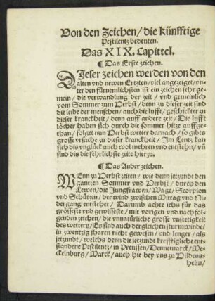 Von den Zeichen/ die künfftige Pestilentz bedeuten. Das XIX. Capittel.