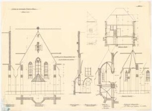 Heilige Familie-Kirche, Lünen: Querschiffgiebel, Seitenansicht, Vorderansicht, Grundriss und Schnitt; Sakristei, Schnitt; Seitenchor, Ansicht, Schnitt und Grundriss 1:50