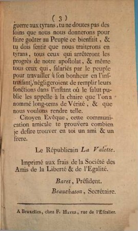 Lettre Du Républicain La Valette en réponse à celle de l'Évêque d'Anvers