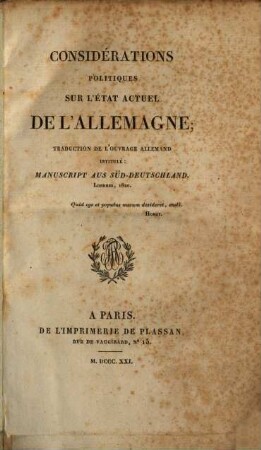 Considerations politiques sur l'état actuel de l'Allemagne ...
