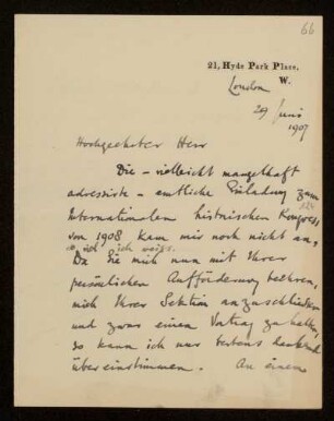66: Brief von Frederick Pollock an Otto von Gierke, London, 29.6.1907