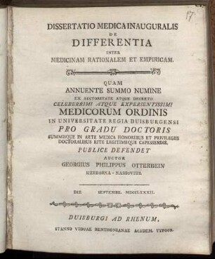 Dissertatio Medica Inauguralis De Differentia Inter Medicinam Rationalem Et Empiricam