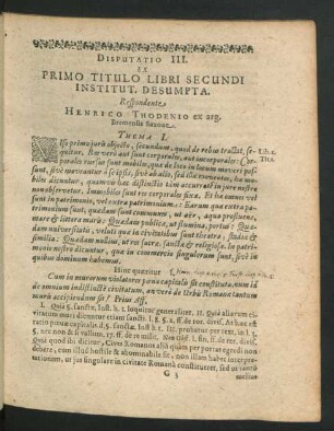 Disputatio III. Ex Primo Titulo Libri Secundi Instit. Desumpta. Respondente Henrico Thodenio