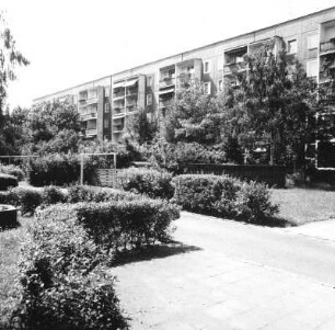 Cottbus-Sandow, Arthur-Becker-Straße (Muskauer Straße). Wohnblock (um 1970). Balkonseite mit Grünanlagen