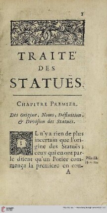 Chapitre premier: Des origine, noms, définition, & division des statues