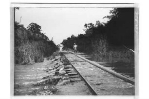 Überspülte Eisenbahnstrecke : Südthailand. Begehung einer vom Hochwasser überspülten Eisenbahnstrecke, links Dr. Kurt Beyer, 1908/1909