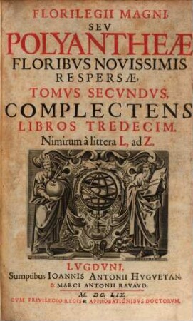 Florilegii Magni Seu Polyantheae Floribus Novissimis Sparsae Libri XXIII : Opus Praeclarum, Suavissimis Celebriorum Sententiarum vel Graecarum vel Latinarum flosculis, ex sacris & profanis Auctoribus collectis refertum. 2, Nimirum à littera L, ad Z