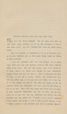 Missionær Børresen skriver den 29de april 1892