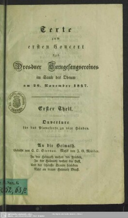 Texte zum ersten Concert des Dresdner Turngesangvereines : im Saae des Odeum am 26. November 1847