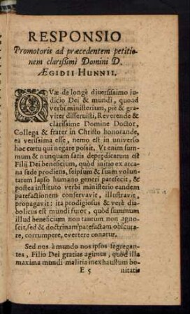 Responsio Promotoris ad praecedentem petitionem clarißimi Domini D. Aegidii Hunnii.