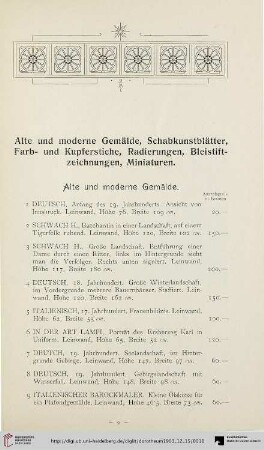 Alte und moderne Gemälde, Schabkunstblätter, Farb- und Kupferstiche, Radierungen, Bleistiftzeichnungen, Miniaturen (Nr. 1-110
