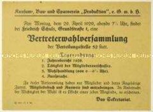 Ankündigung des Konsum-, Bau- und Sparvereins "Produktion" zu einer Wahlversammlung am 29. April 1929